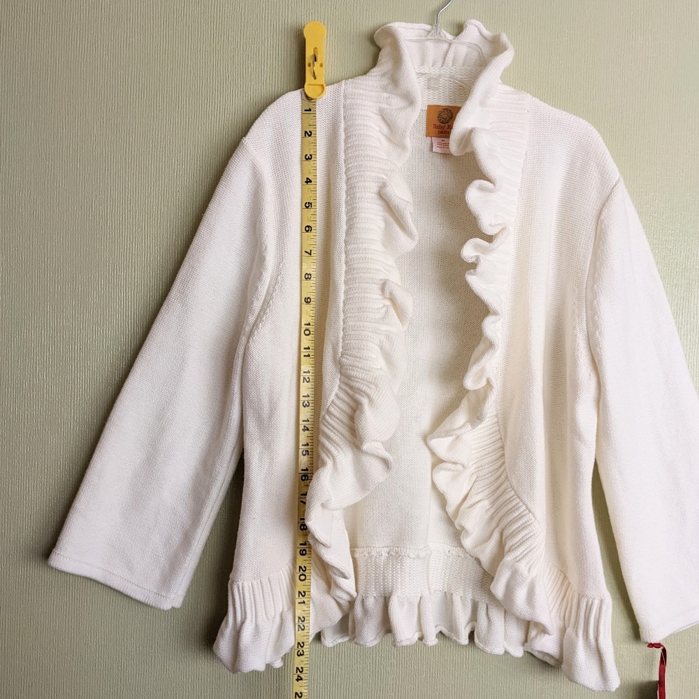 Ruby Rd Ruffled Cardigan Sweater Ivory Open Front Cotton Blend XLP - Picture 14 of 15